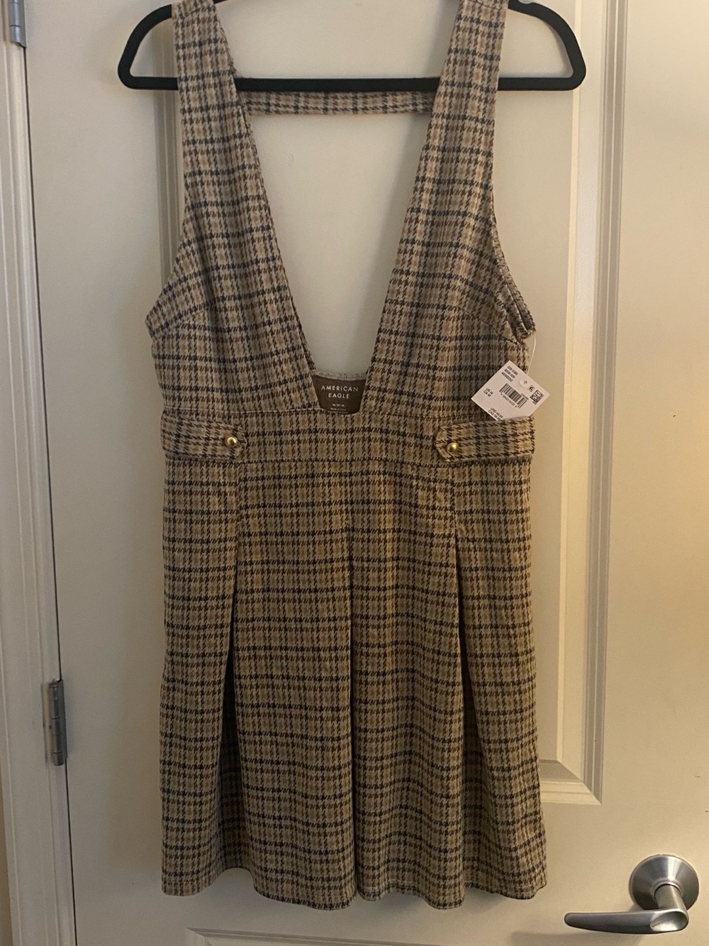American Eagle Outfitters Beige Plaid Pinafore Dress with Gold Buttons